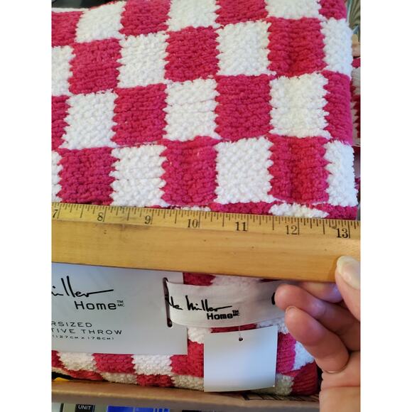 Nicole Miller Home Chenille Throw Blanket Pink White Checkered Fringe 50x70 New - Picture 9 of 13